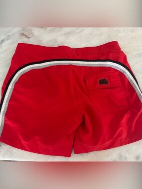 Sundek Red Swim Trunks with Black and White Stripe Accent